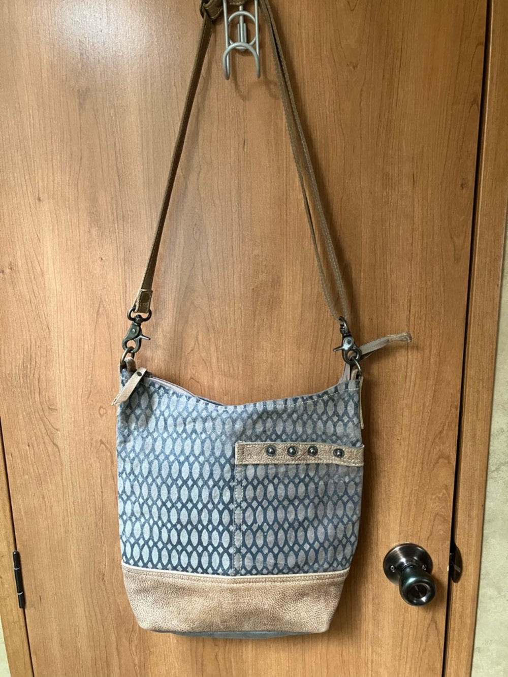 Myra Bag Honeycomb‎ print Crossbody Messenger Style Bag Canvas and Leather